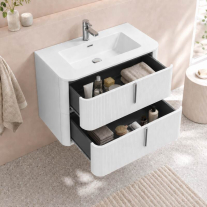 Mobilier suspendat pentru lavoar Fluminia Pisa 80 cm, front neted, 80 × 46 cm, alb mat, mânere albe mat